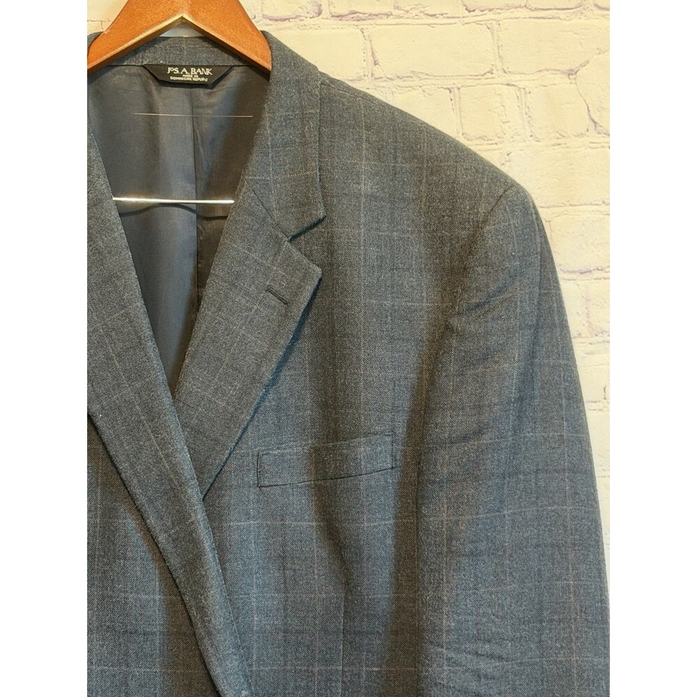 Jos A Bank 50R Blazer Silk Wool Sport Coat Grey Windowpane Plaid Old Money⁠